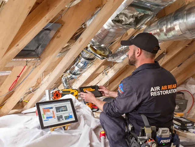 Hanson Air Duct Cleaning technician performing precise duct repair work in Hanson