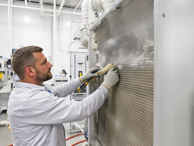 Hanson Air Duct Cleaning technician performing precision commercial coil cleaning at a Hanson business