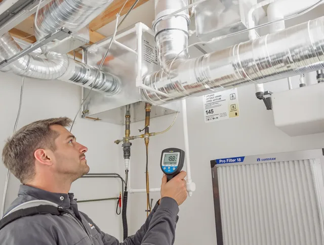Hanson Air Duct Cleaning expert conducting detailed filter system inspection using diagnostic tools in Hanson