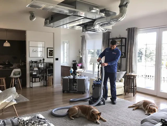 Hanson Air Duct Cleaning technician performing detailed indoor duct cleaning for improved air quality in Hanson